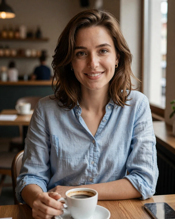 Slavic woman enjoying coffee at a European cafe - genuine profiles on dating platform