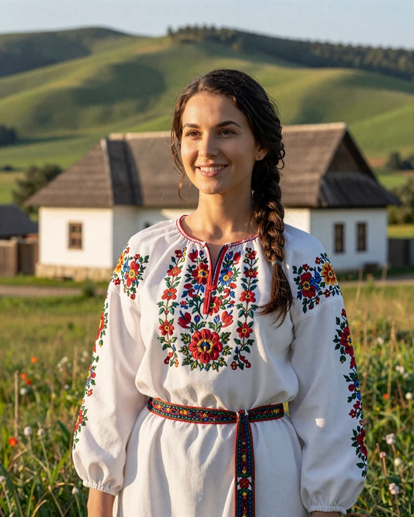 Hungarian woman in traditional embroidered folk blouse standing in the countryside - Hungarian family traditions and culture