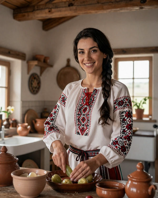 Romanian woman in traditional embroidered blouse preparing food in a rustic kitchen setting