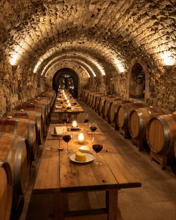 Moldovan underground wine cellar with oak barrels - romantic dating destination in Moldova