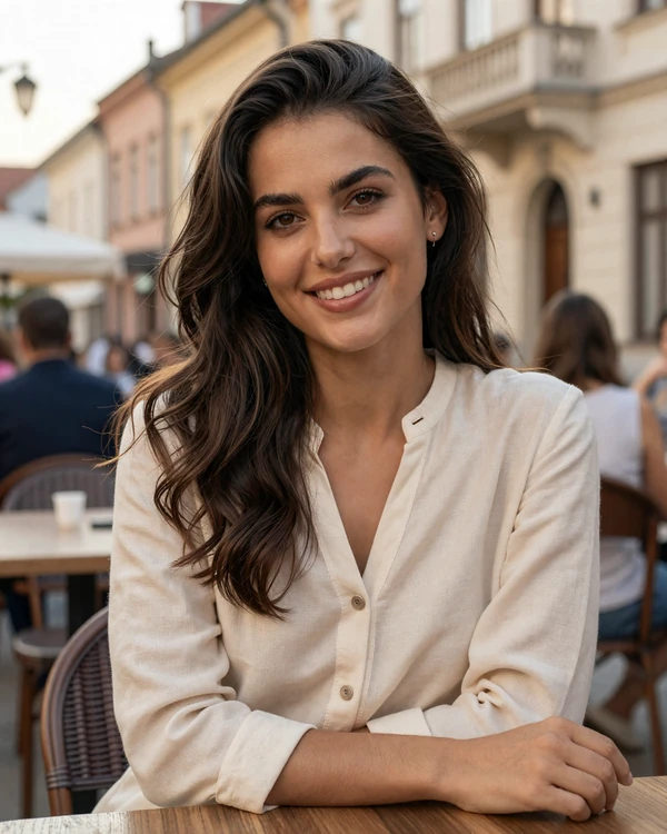 Beautiful Romanian woman at an outdoor cafe in Bucharest Old Town ready for serious dating