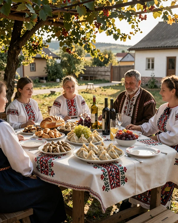 Traditional Moldovan family feast table with homemade wine and national dishes