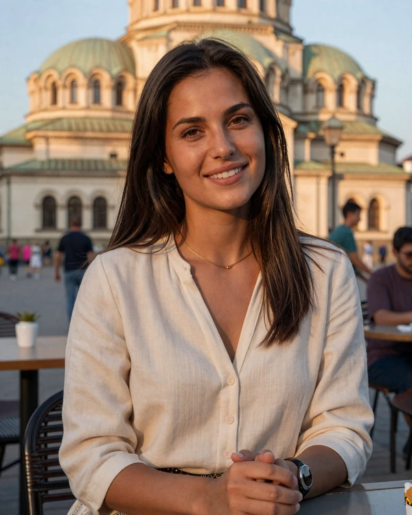 Elegant Bulgarian woman at a Sofia cafe ready for serious international dating