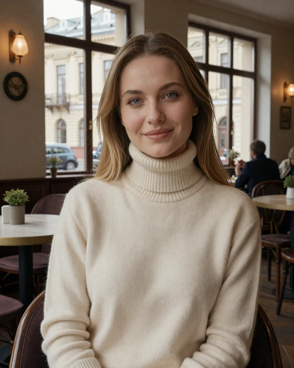 Elegant Russian woman at a St Petersburg cafe ready for serious dating