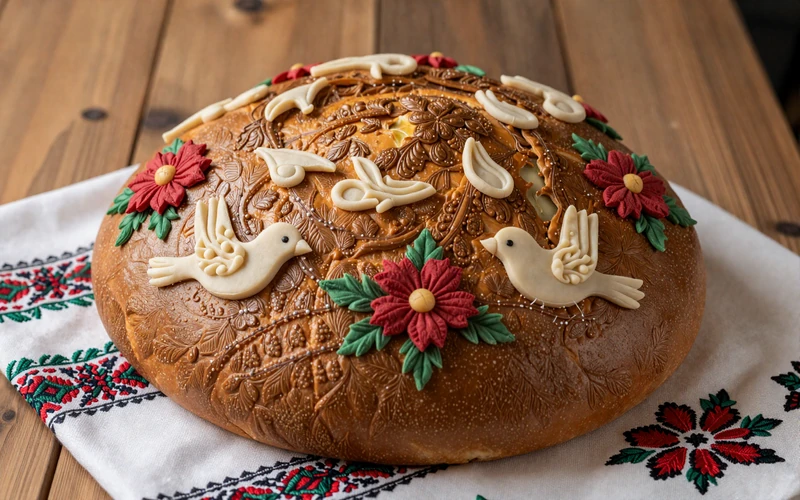Traditional Ukrainian korovai wedding bread with dough birds and flowers on embroidered rushnyk towel