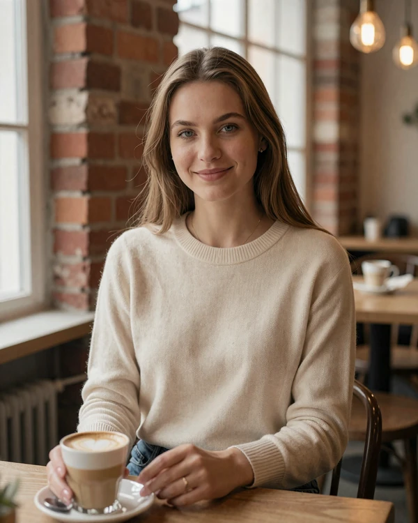 Elegant Polish woman at a Kraków cafe ready for serious international dating