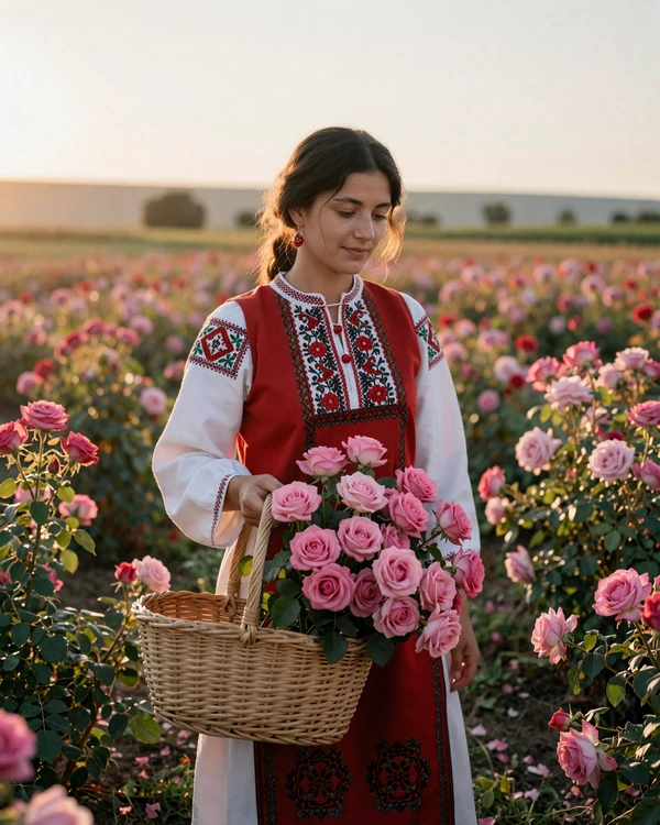 Bulgarian woman in traditional costume holding roses at the Rose Valley festival