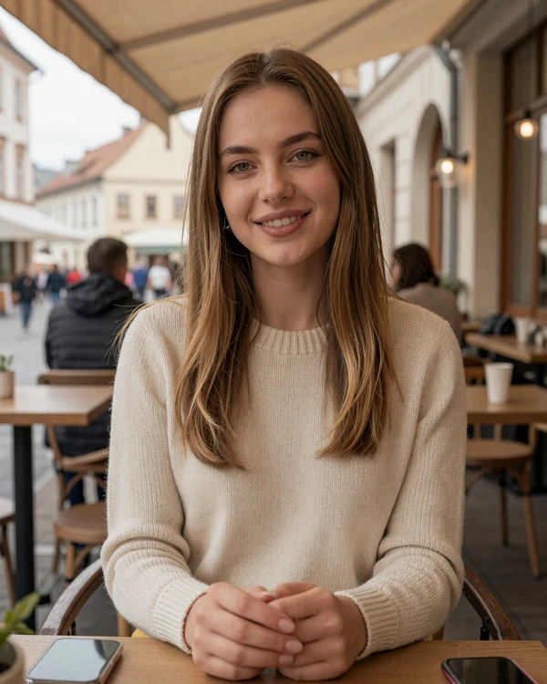 Elegant Slovakian woman at a Bratislava cafe ready for serious international dating