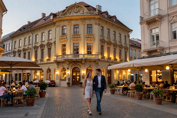 Bucharest Old Town Lipscani district at evening - romantic setting for meeting Romanian women