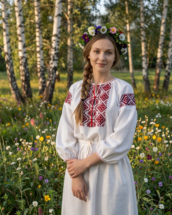 Belarusian woman wearing traditional vyshyvanka with red embroidery in a summer meadow