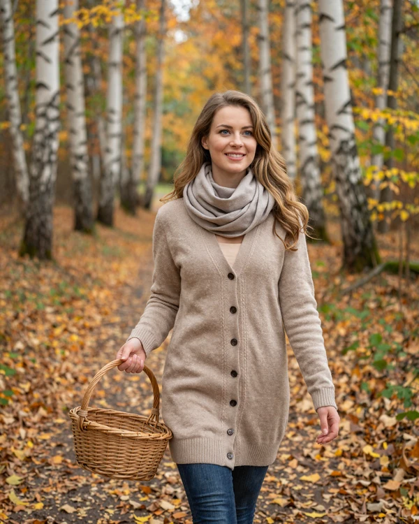 Czech woman enjoying autumn mushroom foraging in a Bohemian forest - traditional Czech dating experience